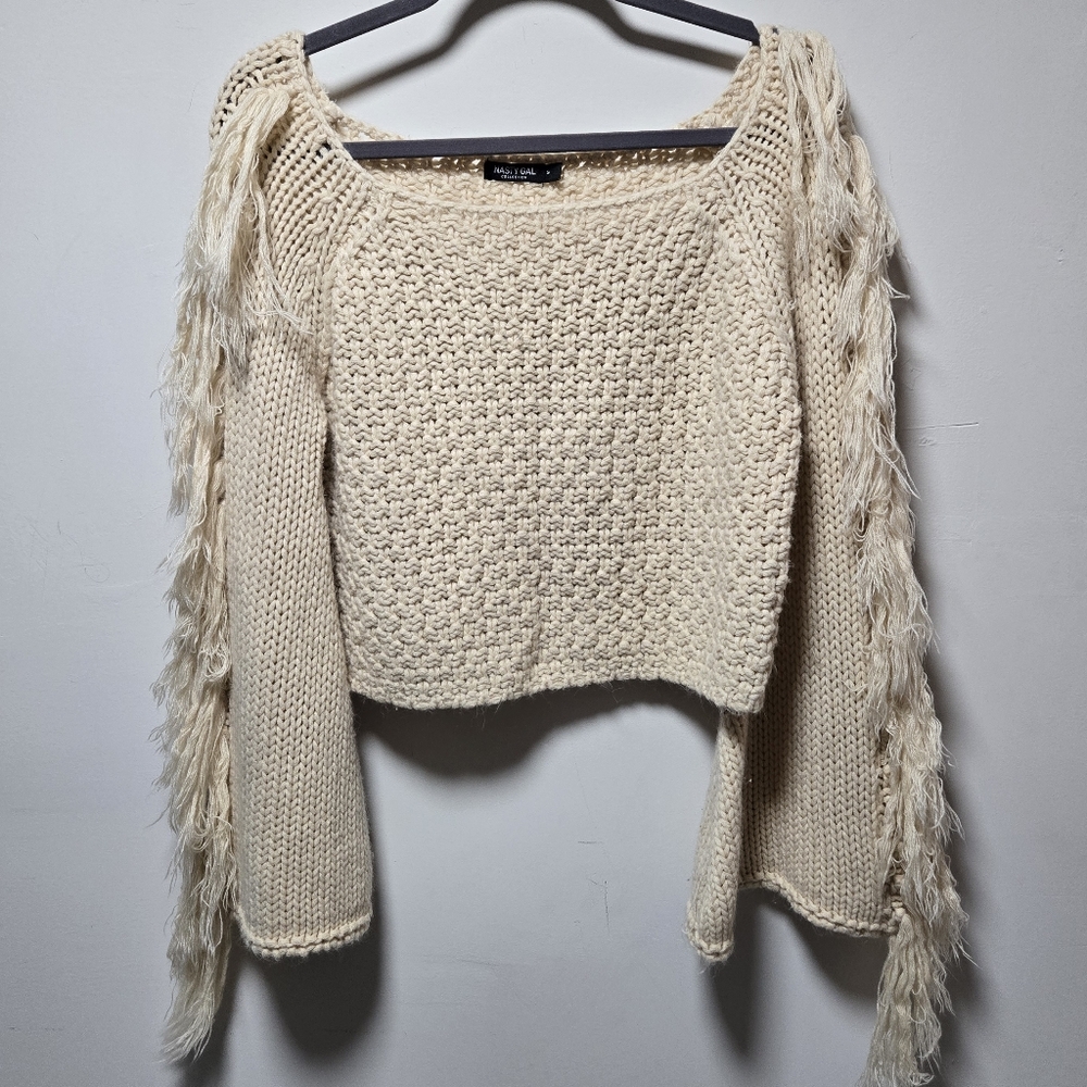 Nasty Gal Cream Cropped Fringe Sweater Size Small Bell Sleeves Off White Boho